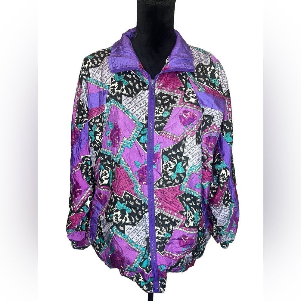 VINTAGE 80s/90s RAFEAL COLOR BLOCK‎ PRINTED WINDBREAKER JACKET WOMENS SIZE LARGE - Picture 5 of 12